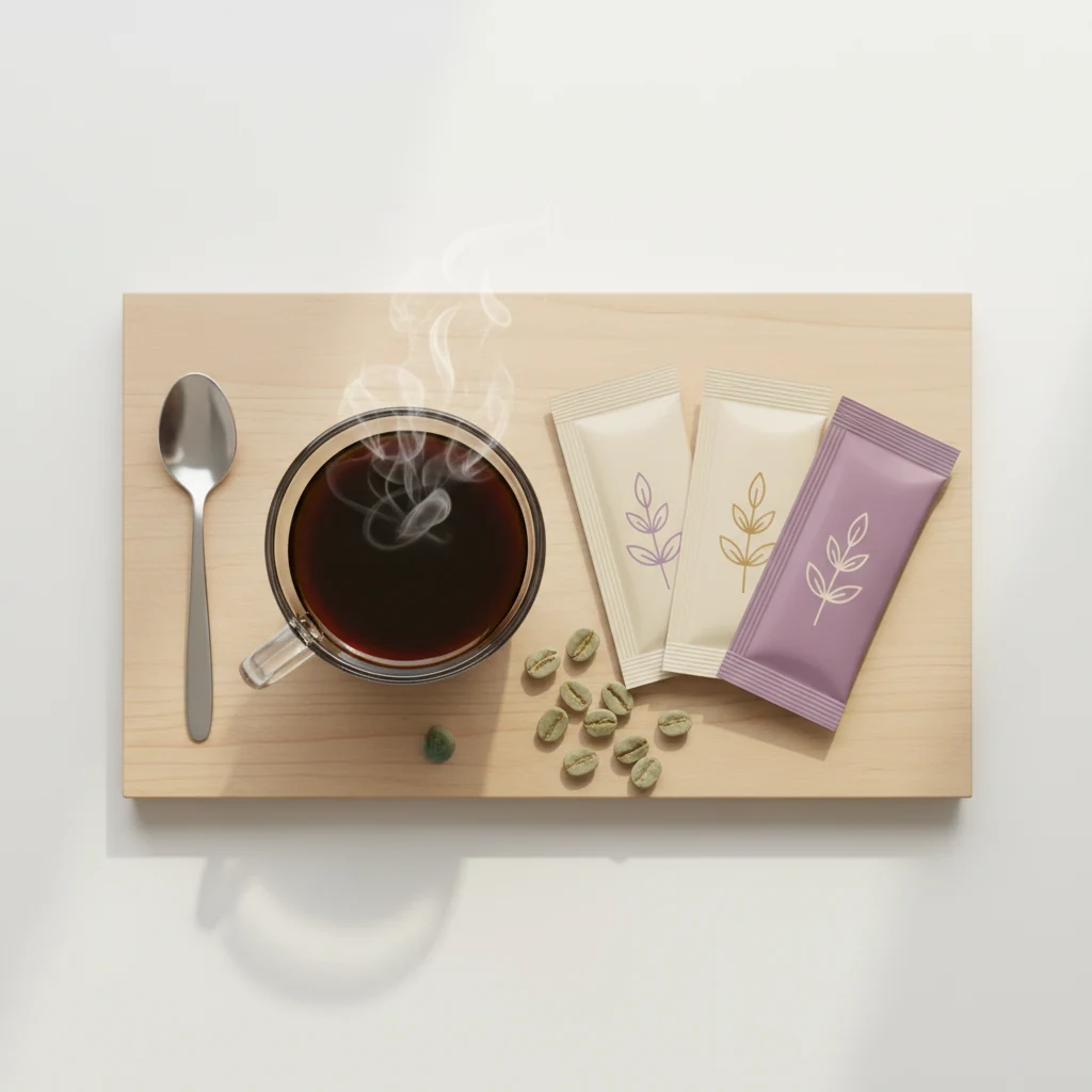 Kaffee mit L-Carnitin kaufen - Wellaray Coffee Portionsbeutel auf Holzunterlage mit grünen Kaffeebohnen