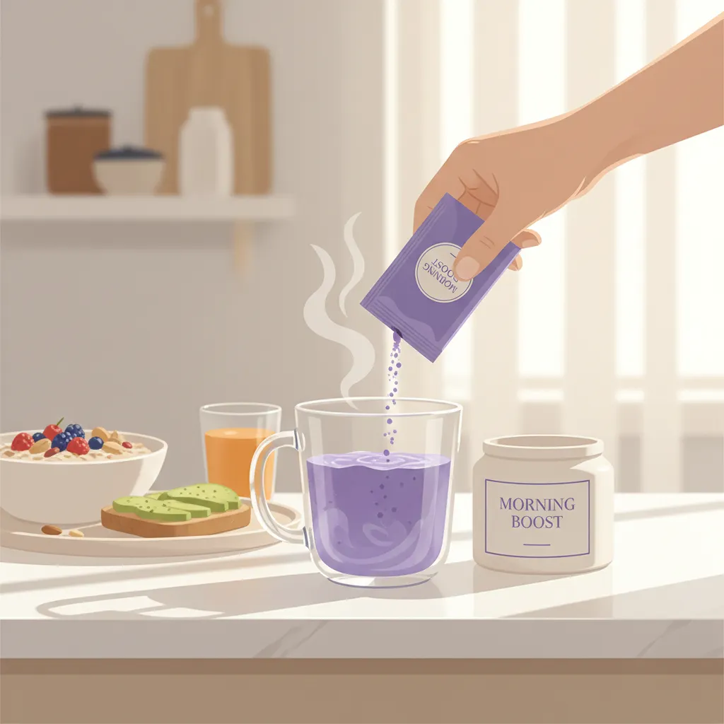 Hände bereiten Wellaray Coffee Portionsbeutel in heißem Wasser vor - Morgenroutine mit Nahrungsergänzungsmittel für aktiven Stoffwechsel